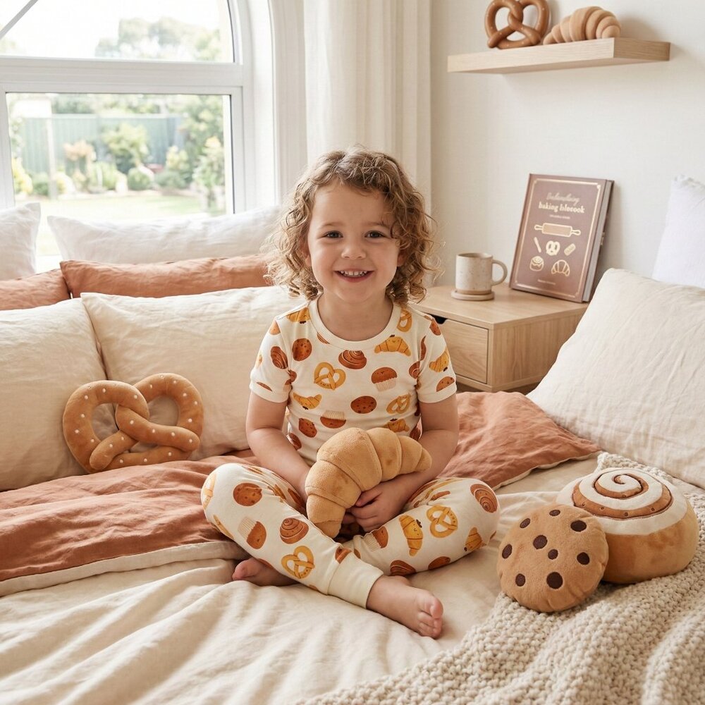 Toddler Short Sleeve Pajamas - Cute Pastry & Croissant Print Sleepwear